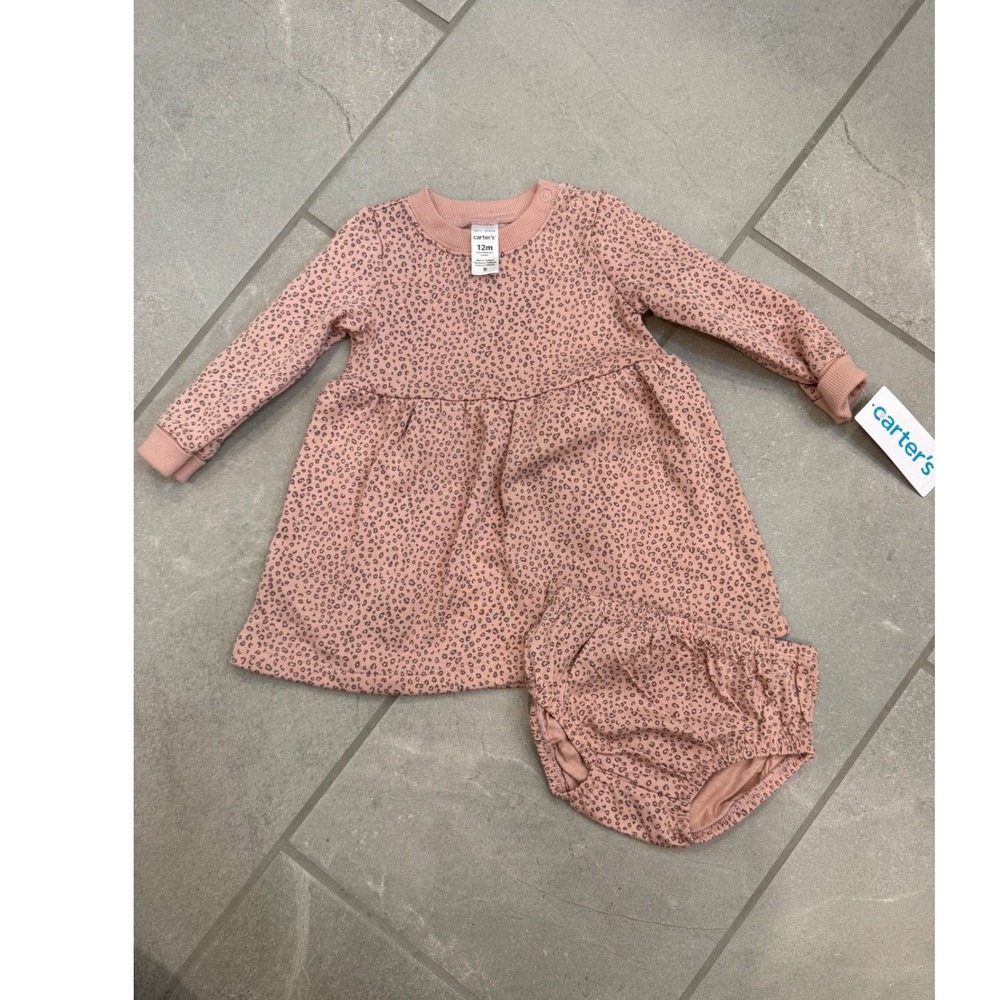 Carters Baby Girls Pink Leopard Print Long Sleeve Dress and Diaper Cover Set 12M